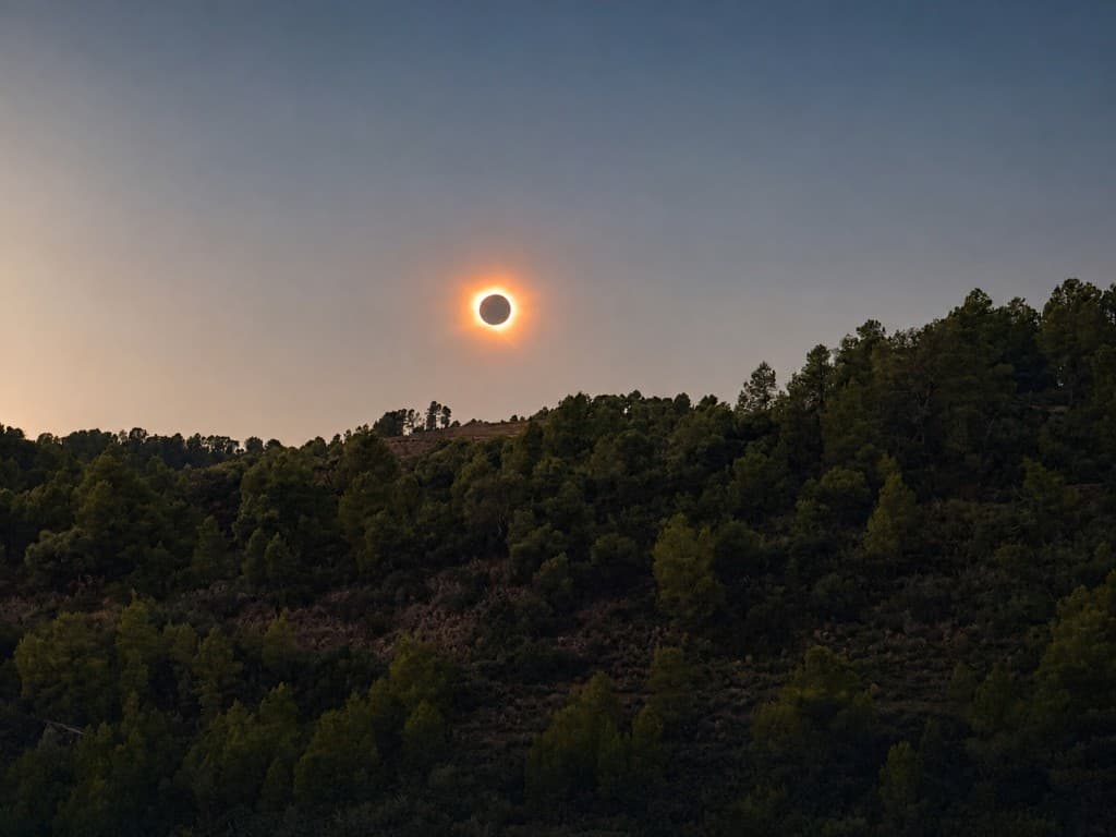 Total solar eclipse over the hillside at Mas de l'Abundància